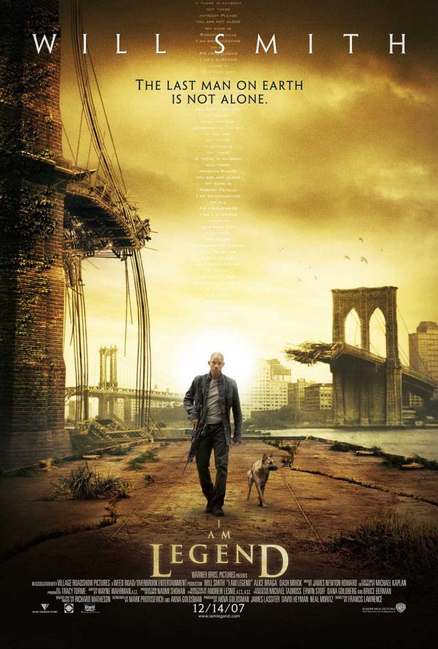 Das Filmplakat für „I Am Legend“ zeigt Will Smith mit Hund vor einer zerstörten Stadtlandschaft.