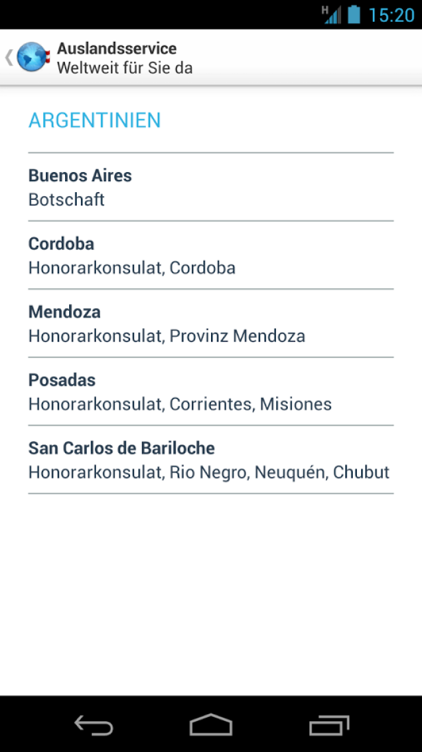 Ein Screenshot einer App mit einer Liste von argentinischen Städten und ihren Konsulaten.
