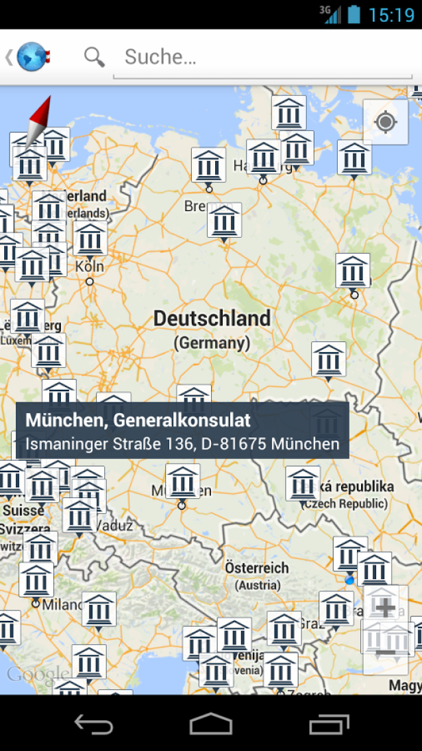 Eine Karte von Deutschland und angrenzenden Ländern mit Markierungen für Konsulate, hervorgehoben ist das Generalkonsulat in München.