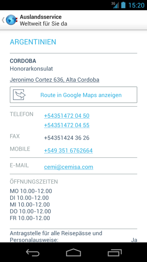 Ein Screenshot der Kontaktinformationen des Honorarkonsulats von Argentinien in Córdoba.