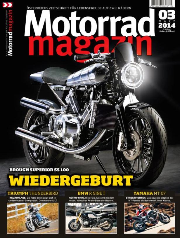 Das Cover des „Motorrad Magazin“ vom März 2014 zeigt eine Brough Superior SS 100.