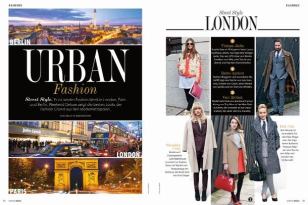 Eine Mode-Doppelseite mit Stadtansichten von Berlin, London und Paris sowie Streetstyle-Fotografien.