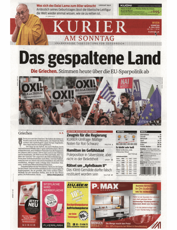 Titelseite des Kurier am Sonntag mit einem Artikel über die griechische EU-Sparpolitik und Demonstrationen in Griechenland.