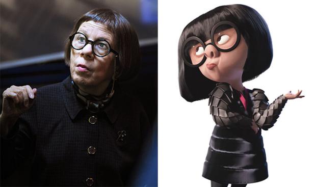 Ein Vergleich von Linda Hunt und der Animationsfigur Edna Mode aus „Die Unglaublichen“.