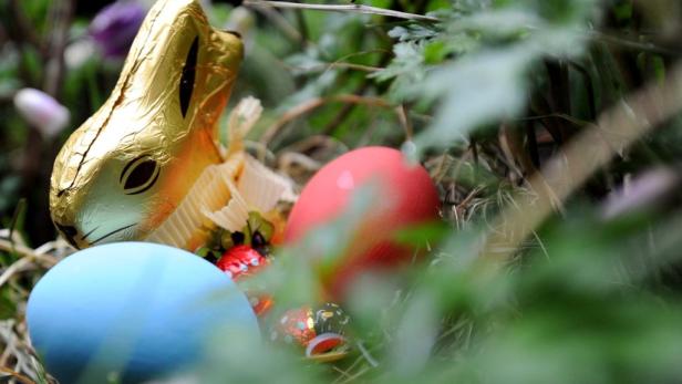 Ein goldener Schokoladenhase und bunte Ostereier liegen im Gras.