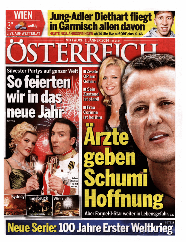 Titelseite der Zeitung „Österreich“ vom 1. Januar 2014 mit Meldungen zu Michael Schumacher und Silvesterpartys.