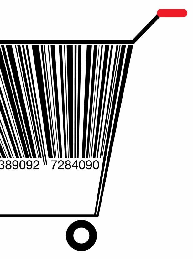 Ein stilisierter Einkaufswagen, dessen Korb aus einem Barcode besteht.