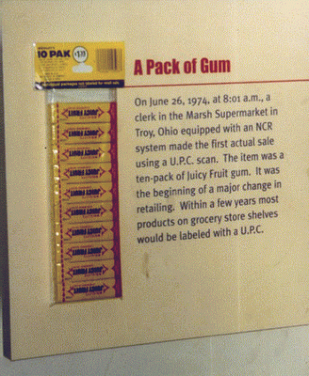 Eine Zehnerpackung „Juicy Fruit“ Kaugummi, die den ersten Verkauf mit einem UPC-Scanner darstellt.
