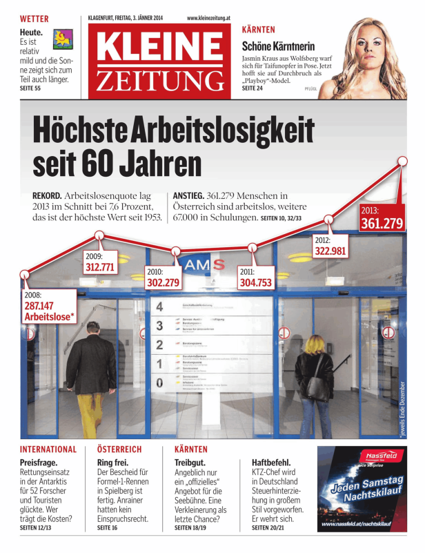 Titelseite der Kleinen Zeitung vom 3. Jänner 2014 mit dem Titel „Höchste Arbeitslosigkeit seit 60 Jahren“.