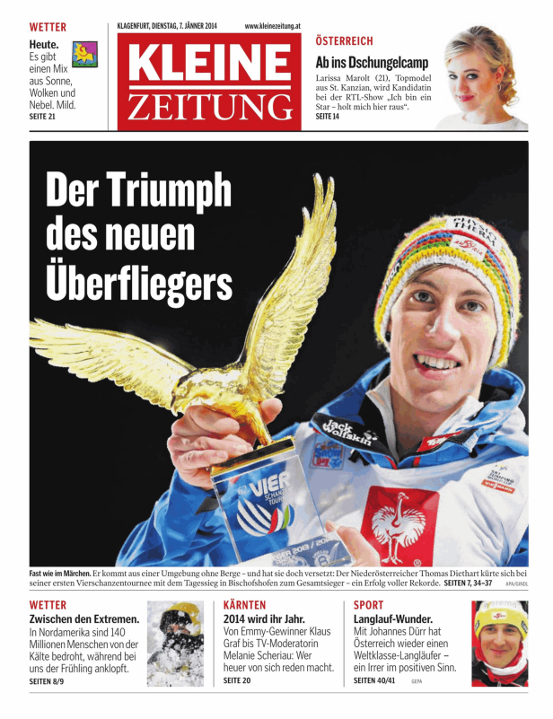 Thomas Diethart mit dem goldenen Adler der Vierschanzentournee 2013/2014.