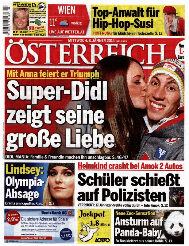 Titelseite der österreichischen Zeitung mit einem Artikel über Marcel Hirscher und Anna Veith.