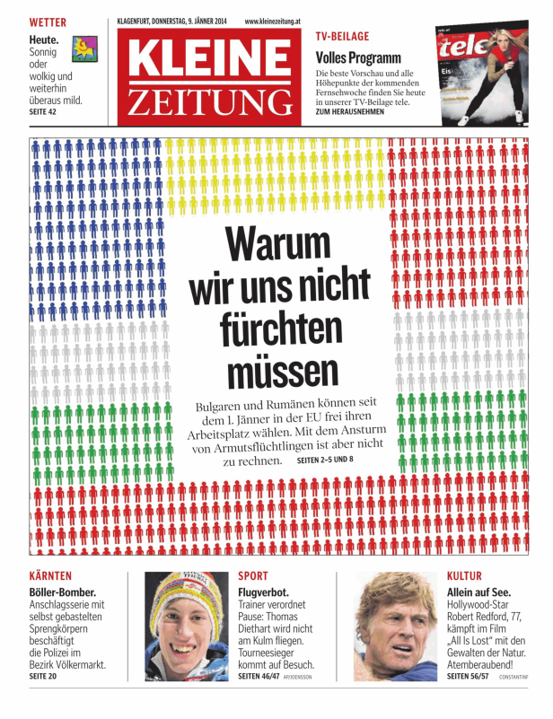 Titelseite der Kleinen Zeitung vom 9. Jänner 2014 mit Artikeln zu verschiedenen Themen.