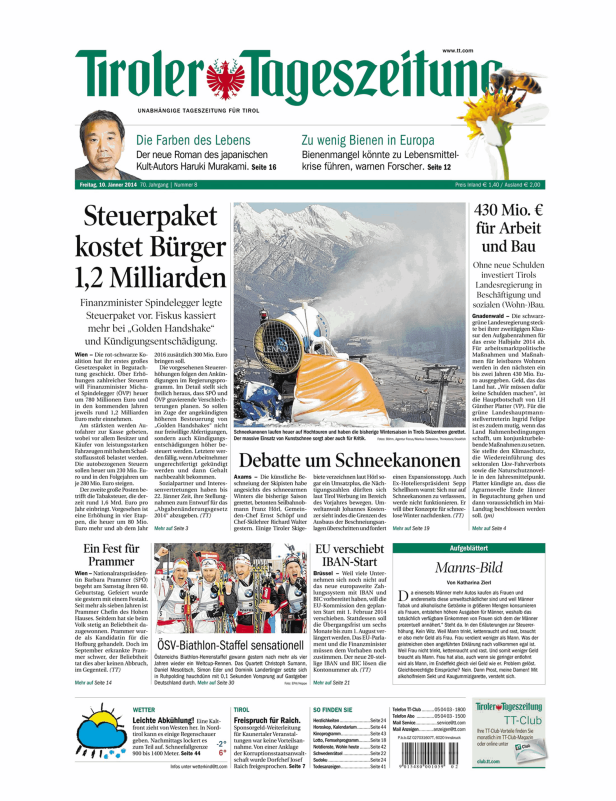 Titelseite der Tiroler Tageszeitung vom 10. Jänner 2014.