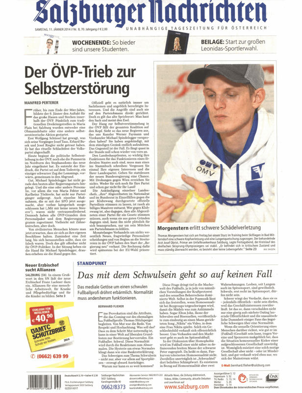 Titelseite der „Salzburger Nachrichten“ vom 11. Jänner 2014.
