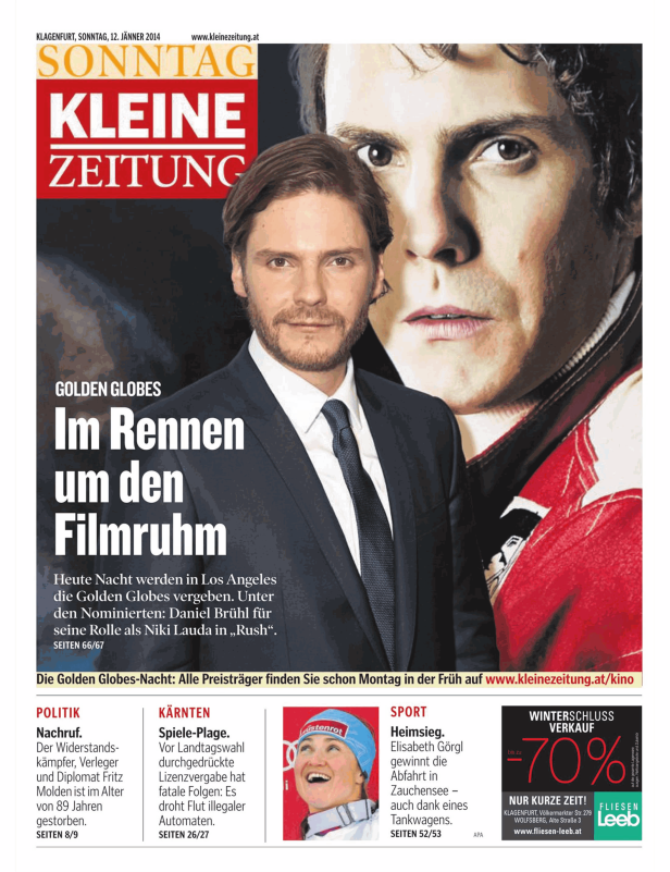 Titelseite der „Kleinen Zeitung“ vom 12. Jänner 2014 mit Daniel Brühl und Niki Lauda im Fokus.
