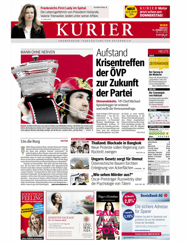 Titelseite der österreichischen Tageszeitung Kurier vom 13. Januar 2014.