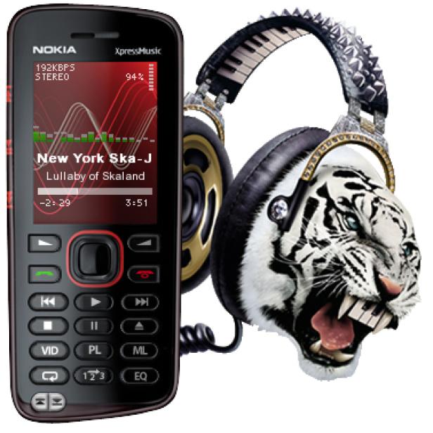 Nokia Player Ein Nokia XpressMusic Handy neben einem Kopfhörer mit Tiger-Design.