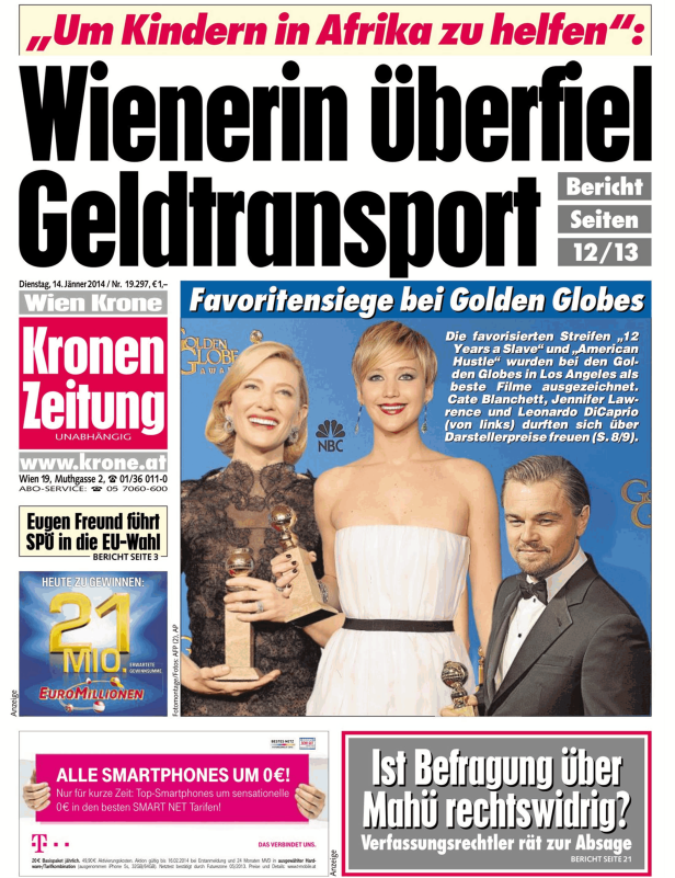 Titelseite der Kronen Zeitung mit Bericht über die Golden Globes mit Cate Blanchett, Jennifer Lawrence und Leonardo DiCaprio.