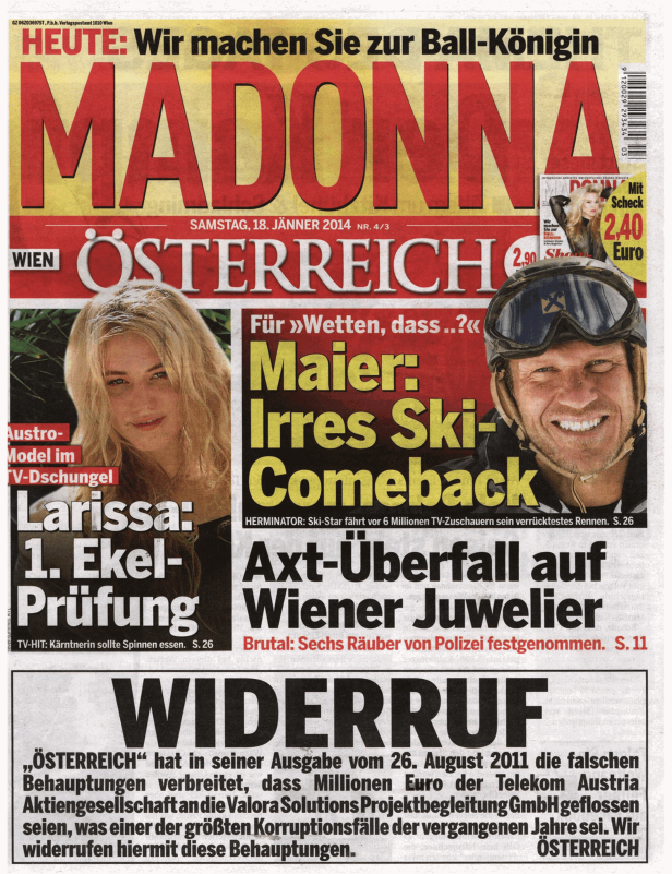 Titelseite der Zeitung „Madonna Österreich“ vom 18. Jänner 2014.