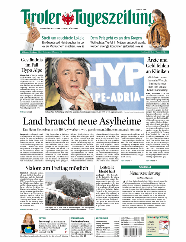 Titelseite der Tiroler Tageszeitung vom 22. Jänner 2014.
