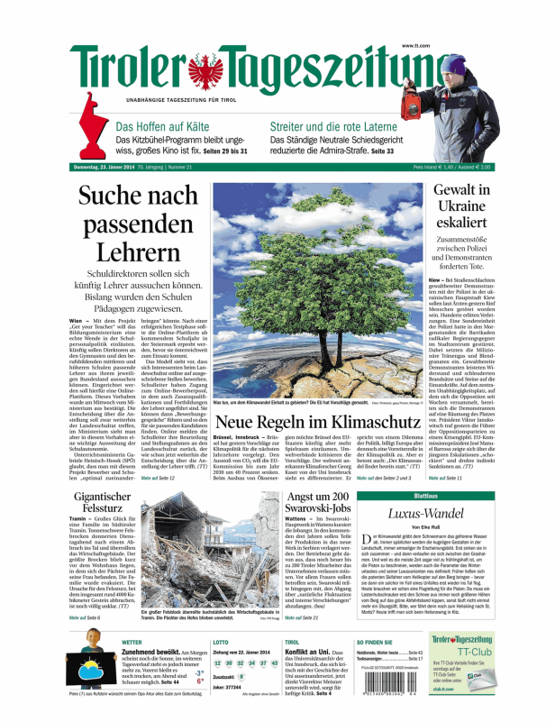 Titelseite der Tiroler Tageszeitung vom 23. Jänner 2014.