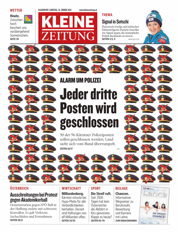 Titelseite der Kleinen Zeitung vom 25. Jänner 2014 mit der Schlagzeile „Jeder dritte Posten wird geschlossen“.