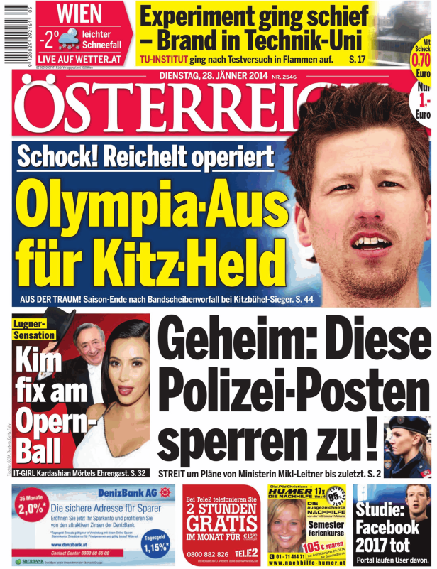 Titelseite der österreichischen Zeitung „Österreich“ vom 28. Januar 2014.