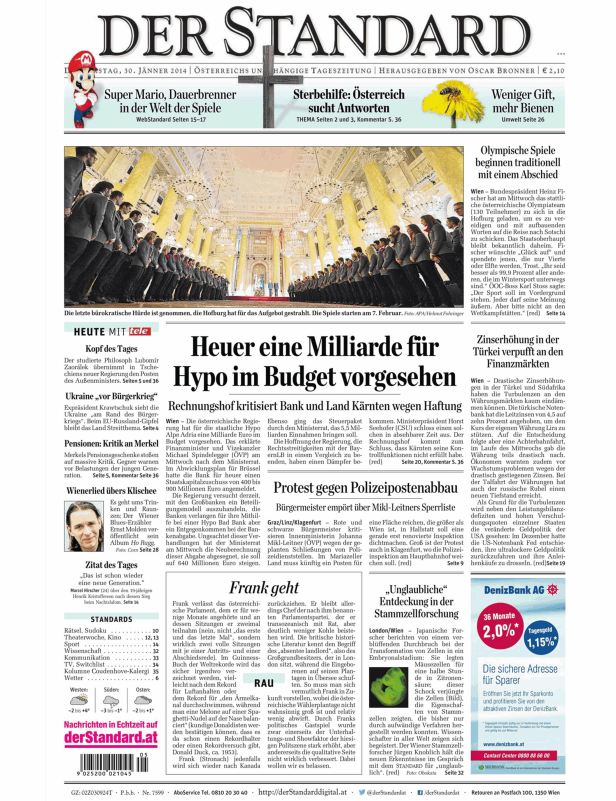 Titelseite der Zeitung „Der Standard“ vom 30. Jänner 2014.