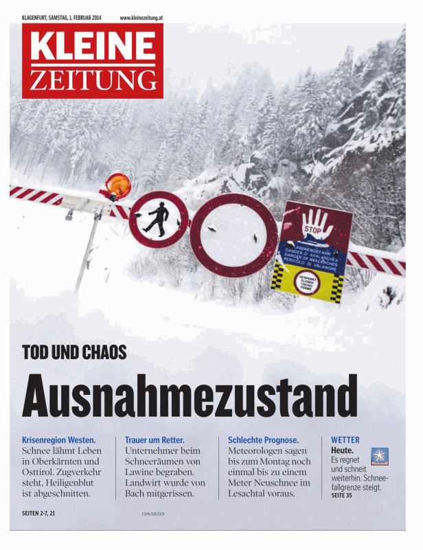 Die Titelseite der Kleinen Zeitung vom 1. Februar 2014 zeigt eine verschneite Berglandschaft mit Lawinengefahr.