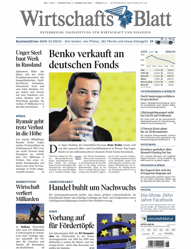 Titelseite des Wirtschaftsblatt vom 4. Februar 2014.
