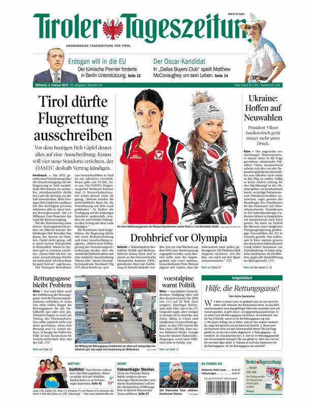 Die Titelseite der Tiroler Tageszeitung vom 5. Februar 2014 mit Artikeln zu verschiedenen Themen.