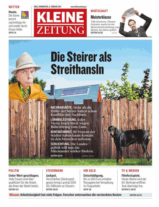 Titelseite der Kleinen Zeitung vom 6. Februar 2014 mit Artikeln über Streitereien und mehr.