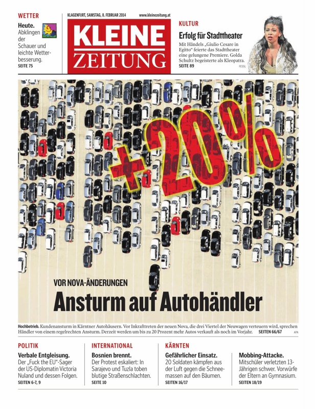 Titelseite der Kleinen Zeitung vom 8. Februar 2014 mit dem Titel „Ansturm auf Autohändler“.