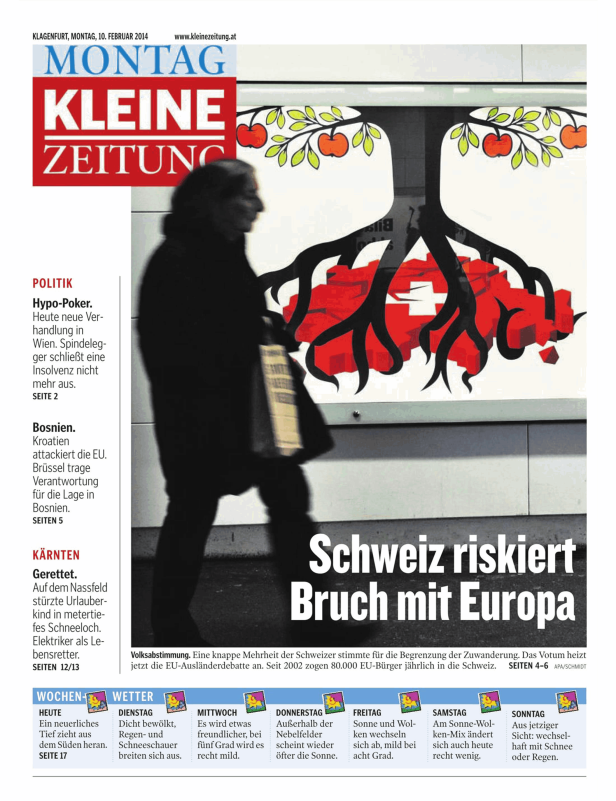 Titelseite der „Kleinen Zeitung“ vom 10. Februar 2014 mit dem Titel „Schweiz riskiert Bruch mit Europa“.