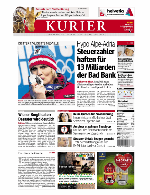 Titelseite des Kurier vom 11. Februar 2014 mit Artikeln zu verschiedenen Themen.
