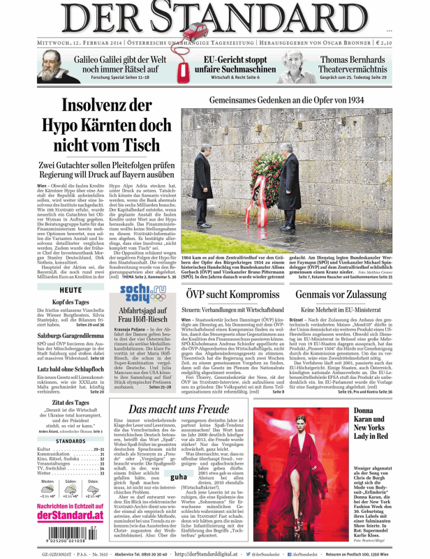 Titelseite der Zeitung „Der Standard“ vom 12. Februar 2014.