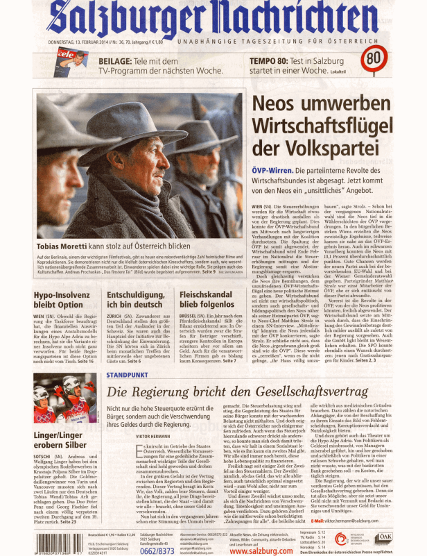 Titelseite der Salzburger Nachrichten vom 13. Februar 2014.
