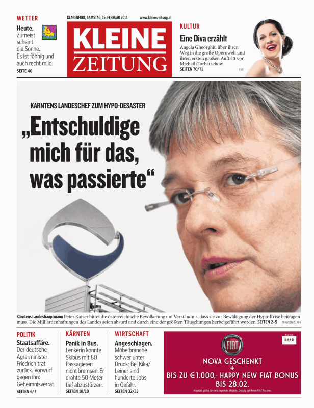 Nahaufnahme von Peter Kaiser, Kärntens Landeshauptmann, vor einem Zeitungsartikel über den Hypo-Desaster.