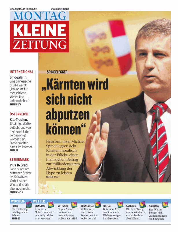 Michael Spindelegger auf einer Titelseite der Kleinen Zeitung zum Thema Kärnten.