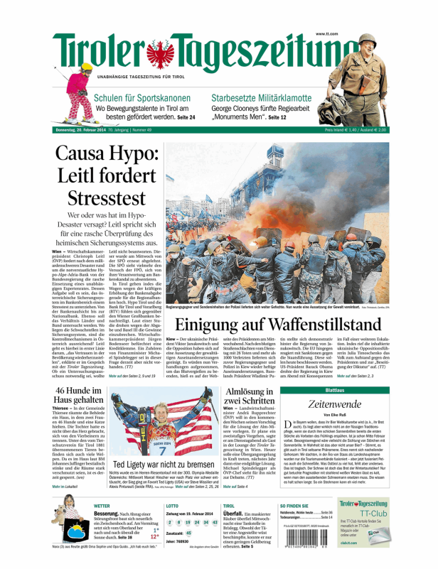 Titelseite der Tiroler Tageszeitung vom 20. Februar 2014.
