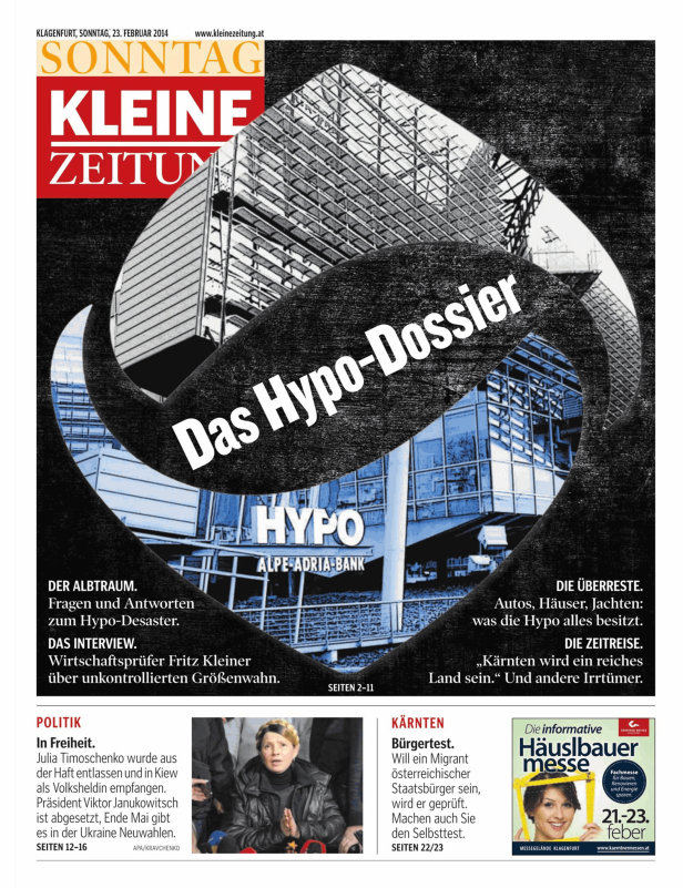 Titelseite der „Kleinen Zeitung“ vom 23. Februar 2014 mit dem Titelthema „Das Hypo-Dossier“.