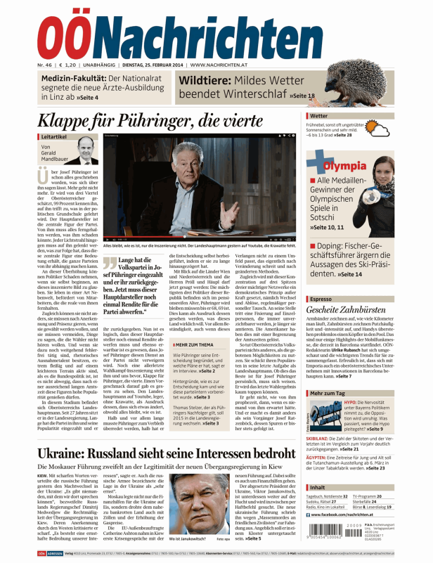 Titelseite der OÖNachrichten vom 25. Februar 2014.