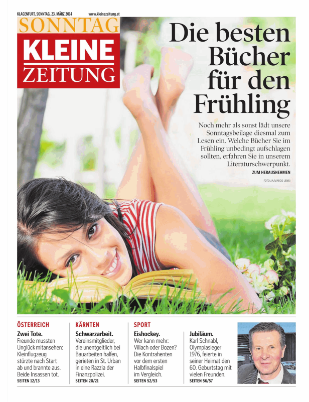 Eine junge Frau liest ein Buch im Gras, beworben als „Die besten Bücher für den Frühling“.