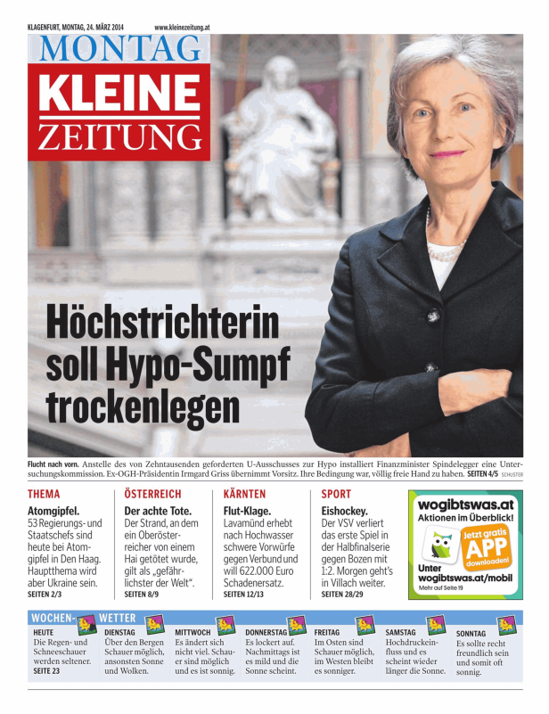 Titelseite der „Kleinen Zeitung“ vom 24. März 2014 mit einem Porträt von Irmgard Griss.