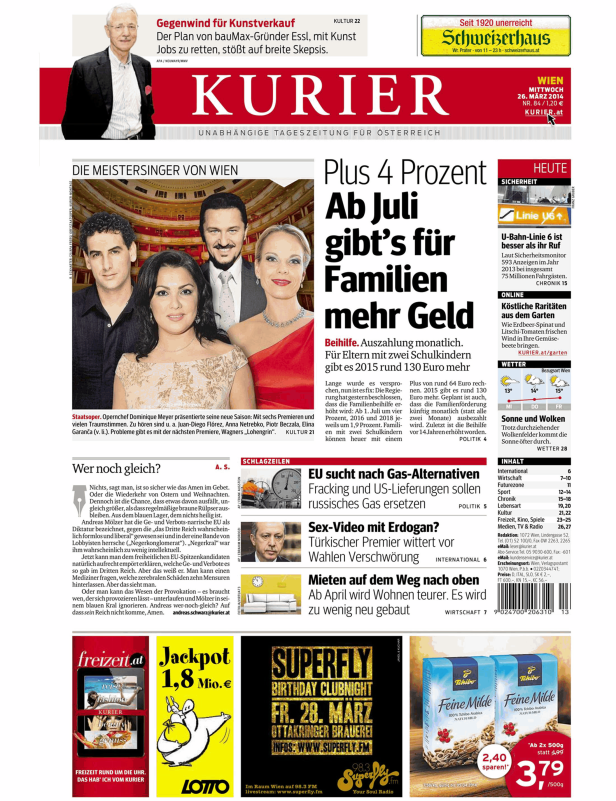 Titelseite des Kurier vom 26. März 2014 mit Nachrichten und Werbung.