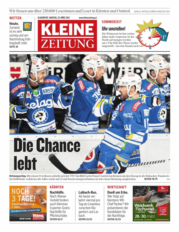 Titelseite der Kleinen Zeitung vom 29. März 2014 mit einem Artikel über Eishockey.