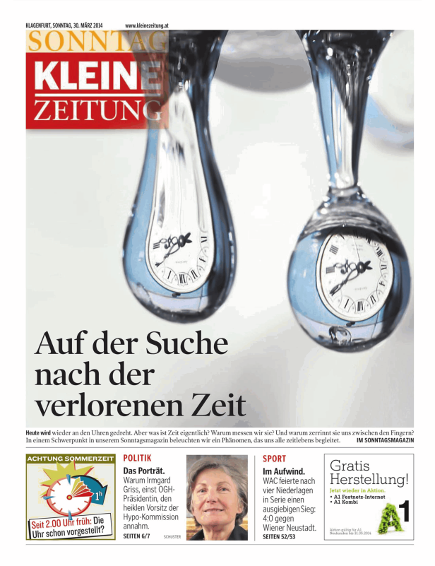 Titelseite der Kleinen Zeitung vom 30. März 2014 mit dem Thema Zeitumstellung.