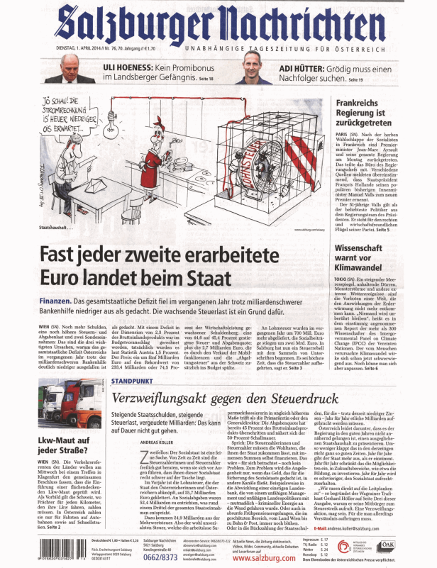 Karikatur in den Salzburger Nachrichten zum Thema Staatshaushalt und Steuerlast.