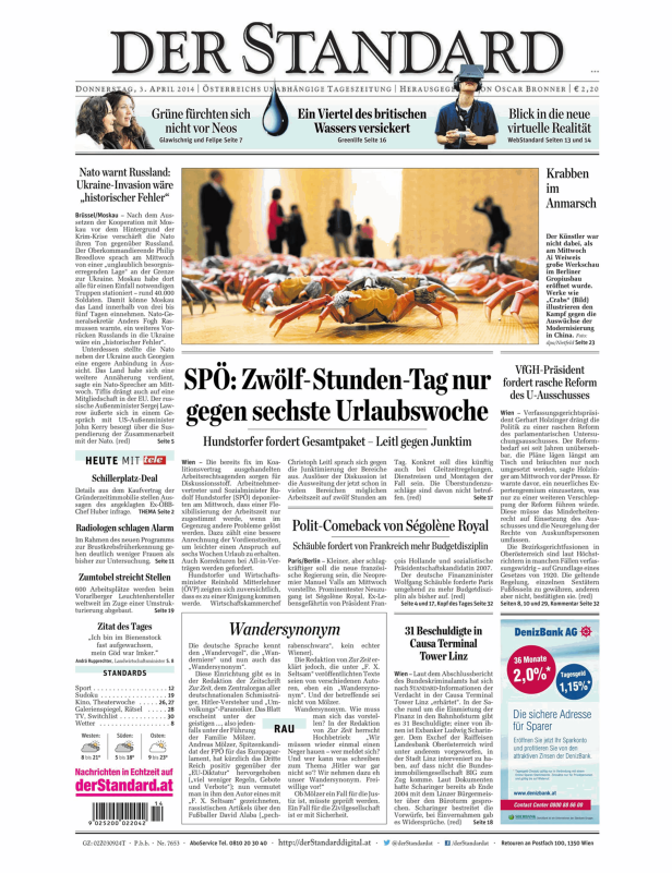 Titelseite der Zeitung „Der Standard“ vom 3. April 2014.