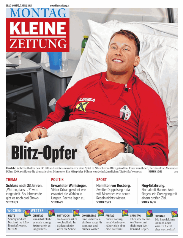 Alexander Böhm, ein Fußballspieler, liegt nach einem Blitzschlag im Krankenhaus.